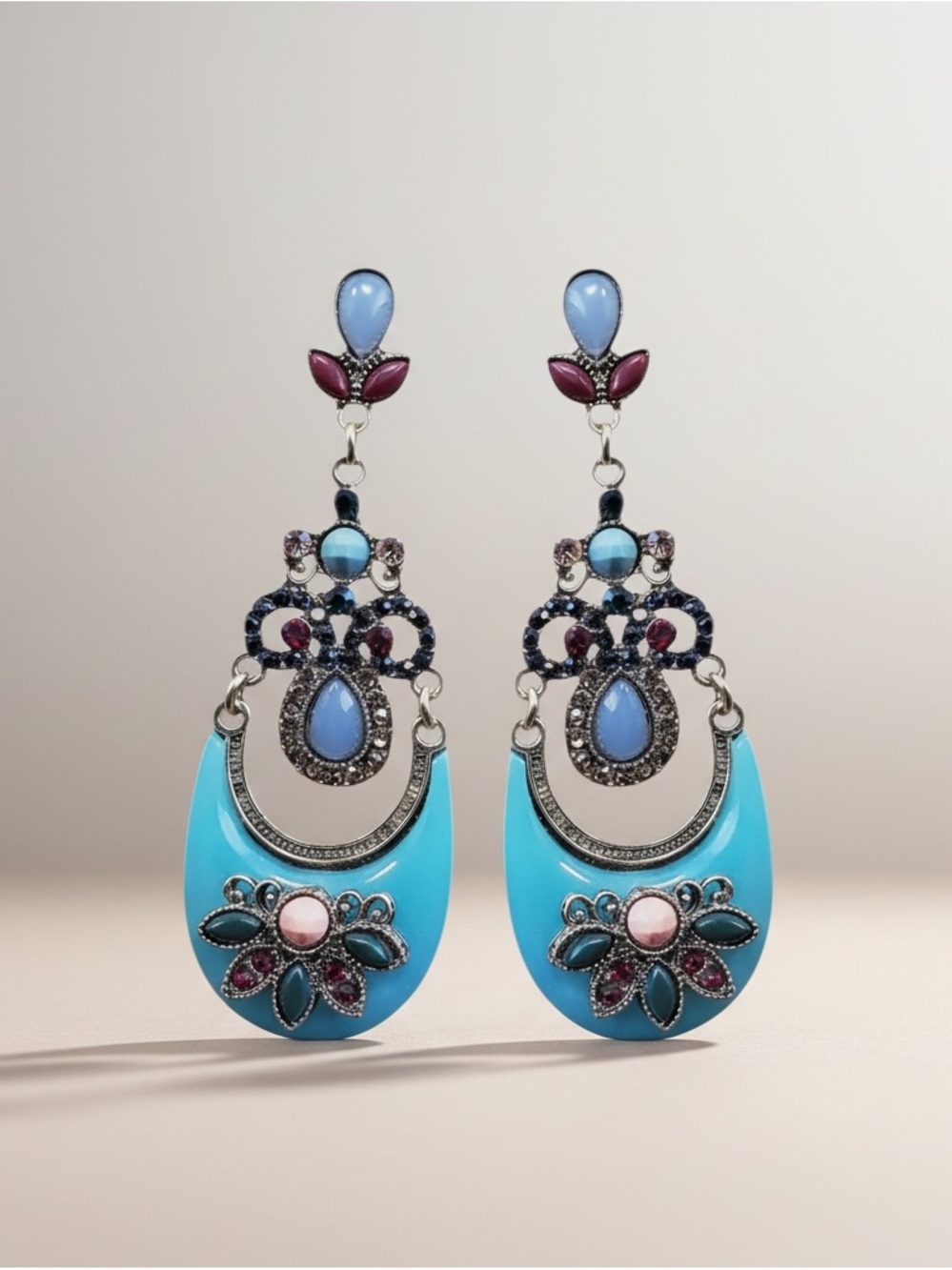 Pastel Blue Boho Statement Earrings – Turquoise Enamel Drop Earrings